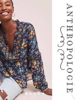 MEADOW RUE ANTHRO. Strasser Embroidered Sheer Peasant Blouse Sz XL Boho Floral
